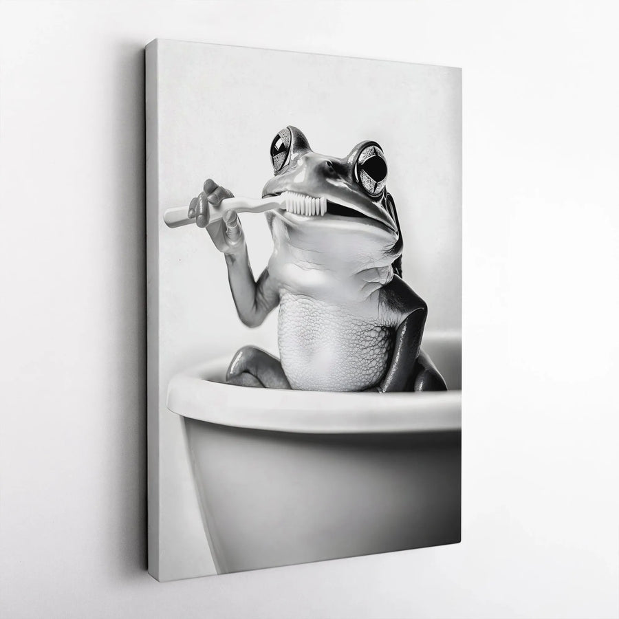 Frog Brushing Teeth Wall Art | Whimsical Bathroom Decor Print | Premium 1.25" Gallery Wrapped Canvas | Funny Animal Poster Gift for Kids or Home