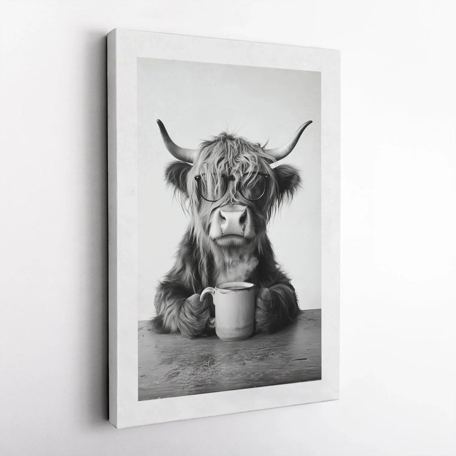 Highland Cow Canvas Wall Art | Quirky Farmhouse Coffee Decor | Premium Gallery Wrap Print | Whimsical Animal Portrait for Kitchen Home Gift
