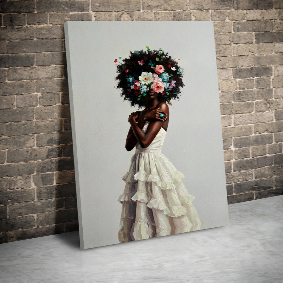 Black Woman Floral Afro Canvas Art | Elegant Portrait in Ruffled White Dress | Premium 1.25" Gallery Wrap | Modern African American Home Decor