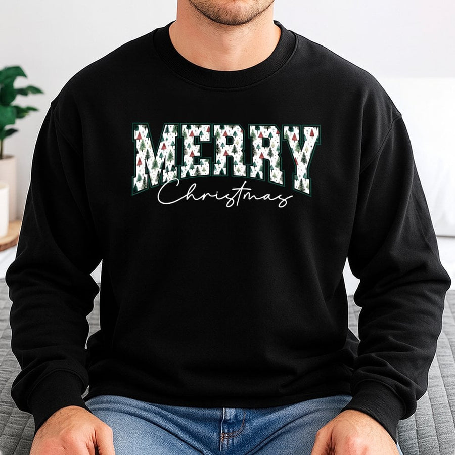 Merry Christmas Sweatshirt | Retro Tree Pattern Graphic | Premium Cotton Blend | Unisex Holiday Gift for Women and Men