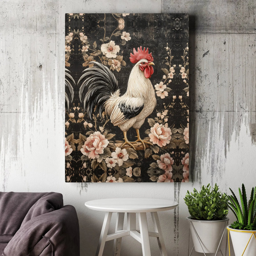 Rooster Canvas Wall Art | Vintage Floral Rooster Painting | Premium Gallery Canvas | Farmhouse Kitchen Decor Gift