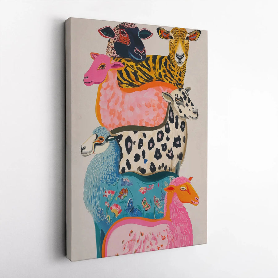 Whimsical Stacked Sheep Wall Art | Colorful Farmhouse Animal Print | Gallery Quality Premium Canvas | Unique Nursery or Farm Decor Gift