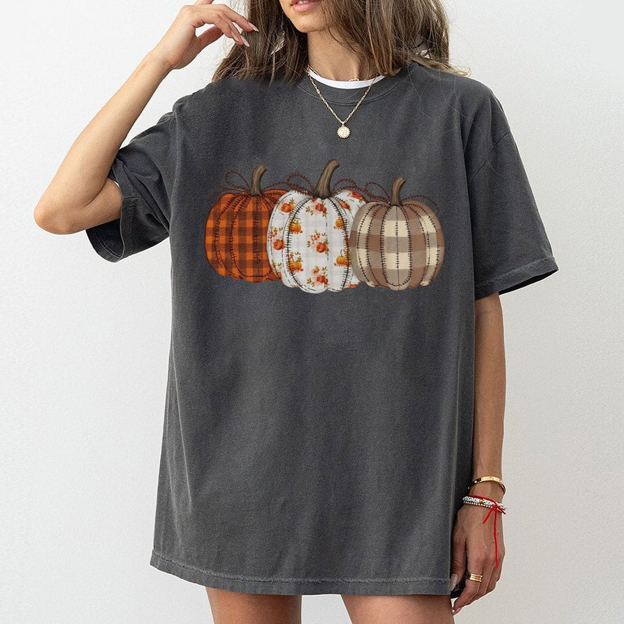 Fall Pumpkin T-Shirt | Patchwork Plaid and Floral Graphic Design | 100% Cotton Premium Comfort Tee | Thanksgiving Harvest Gift for Her