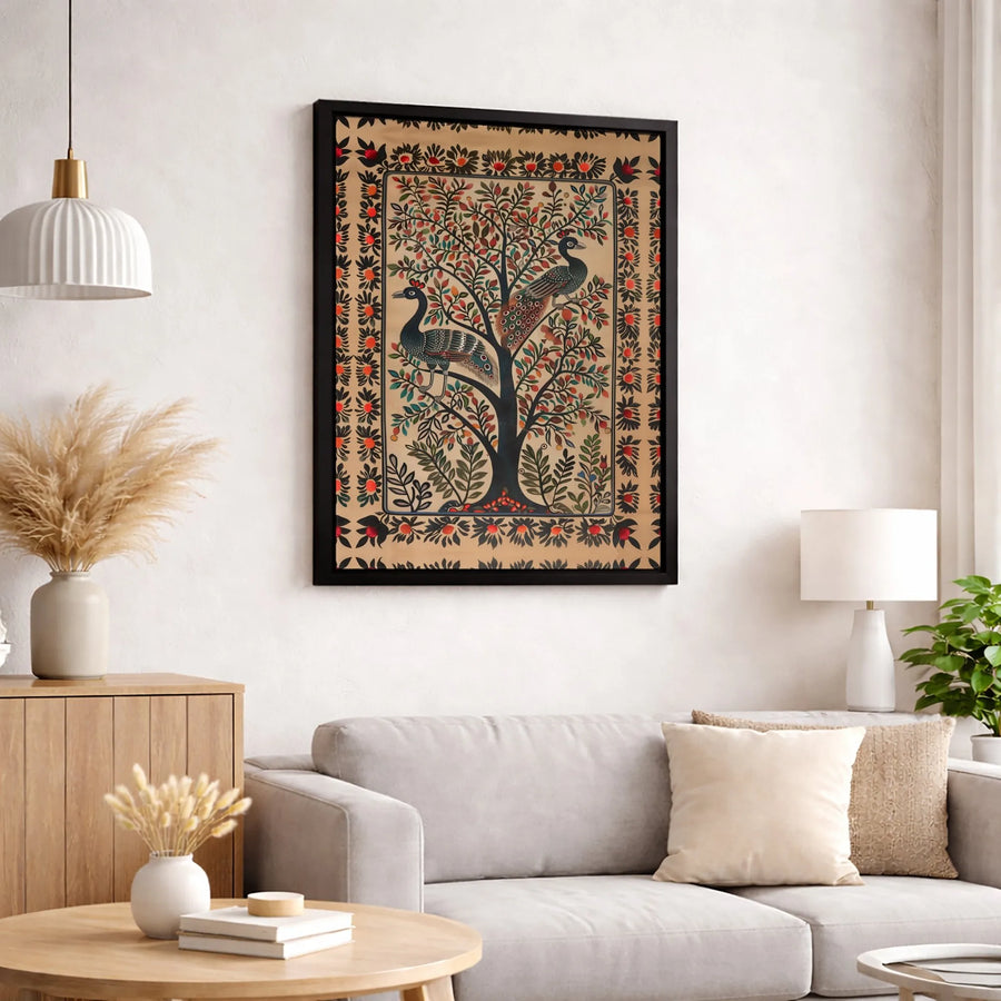 Indian Folk Art Canvas Print | Tree of Life with Peacocks | 1.25-Inch Gallery Wrap | Ethnic Wall Decor for Home Office