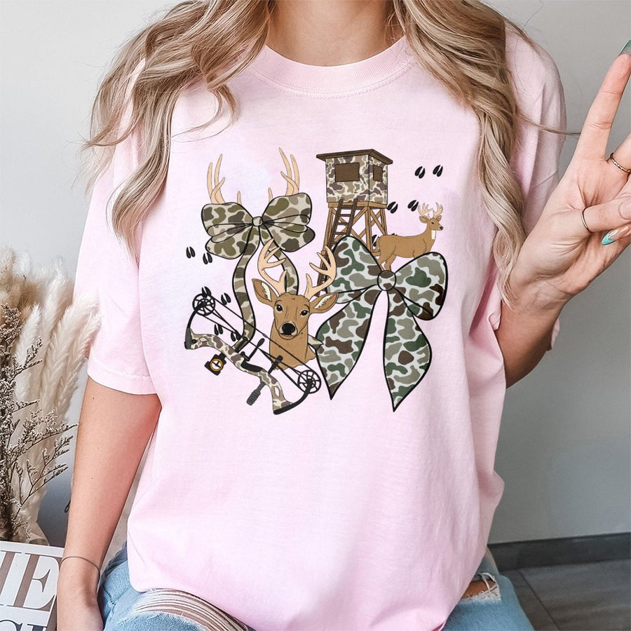 Hunting Season Coquette T-Shirt | Camo Deer Bow Graphic Design | 100% Cotton Premium Tee | Unique Gift For Women Hunters & Outdoors Enthusiasts