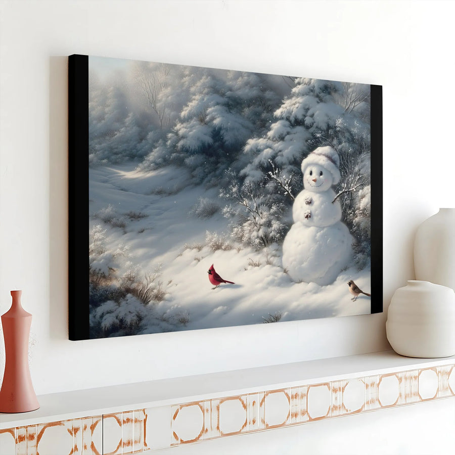 Snowman With Cardinal Canvas Wall Art | Snowy Winter Forest Scene | Premium Gallery Wrap Print | Festive Holiday Home Decor Gift