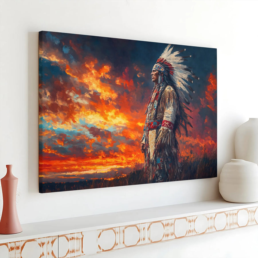 Native American Chief Portrait Horizontal Canvas | Sunset War Bonnet Oil Painting Style Print | Premium Gallery Wrap Wall Art | Rustic Western Home Decor Gift