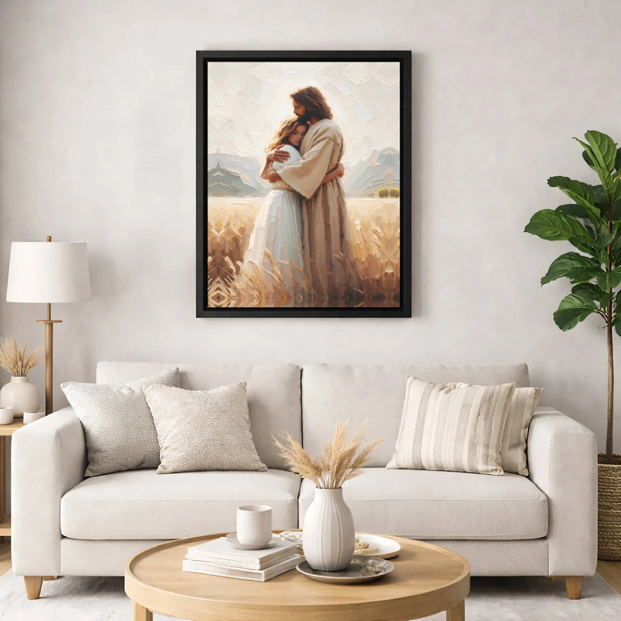 Jesus Embracing Woman In Wheat Field Canvas Print | Religious Oil Painting Style Art | 1.25-Inch Premium Gallery Profile | Christian Home Decor Gift