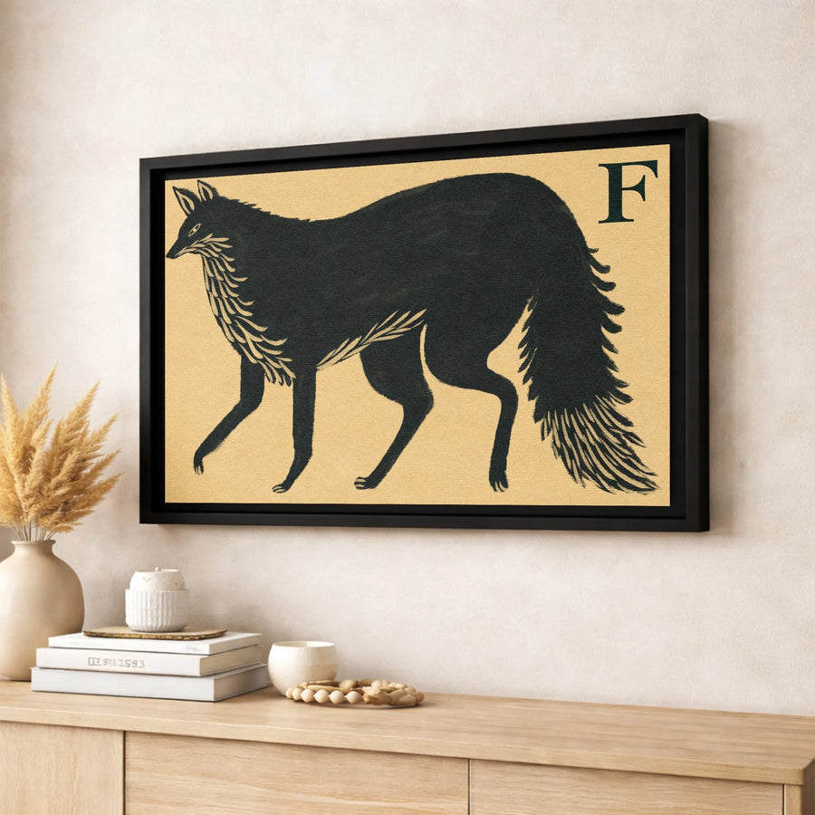 Black Fox Canvas Wall Art | Letter F Animal Illustration | Premium Gallery Wrapped Print | Modern Nursery or Living Room Decor Gift