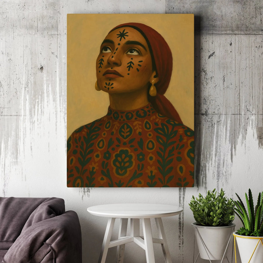 Boho Portrait Canvas Art | Woman With Traditional Face Tattoos | Premium Gallery Wrapped Print | Ethnic Wall Decor for Living Room