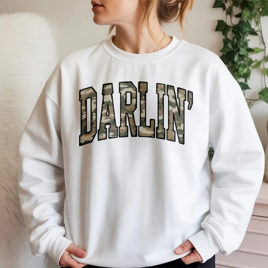Darlin' Camo Sweatshirt | Varsity Letter Country Western Print | Premium Unisex Crewneck | Cute Southern Gift for Her