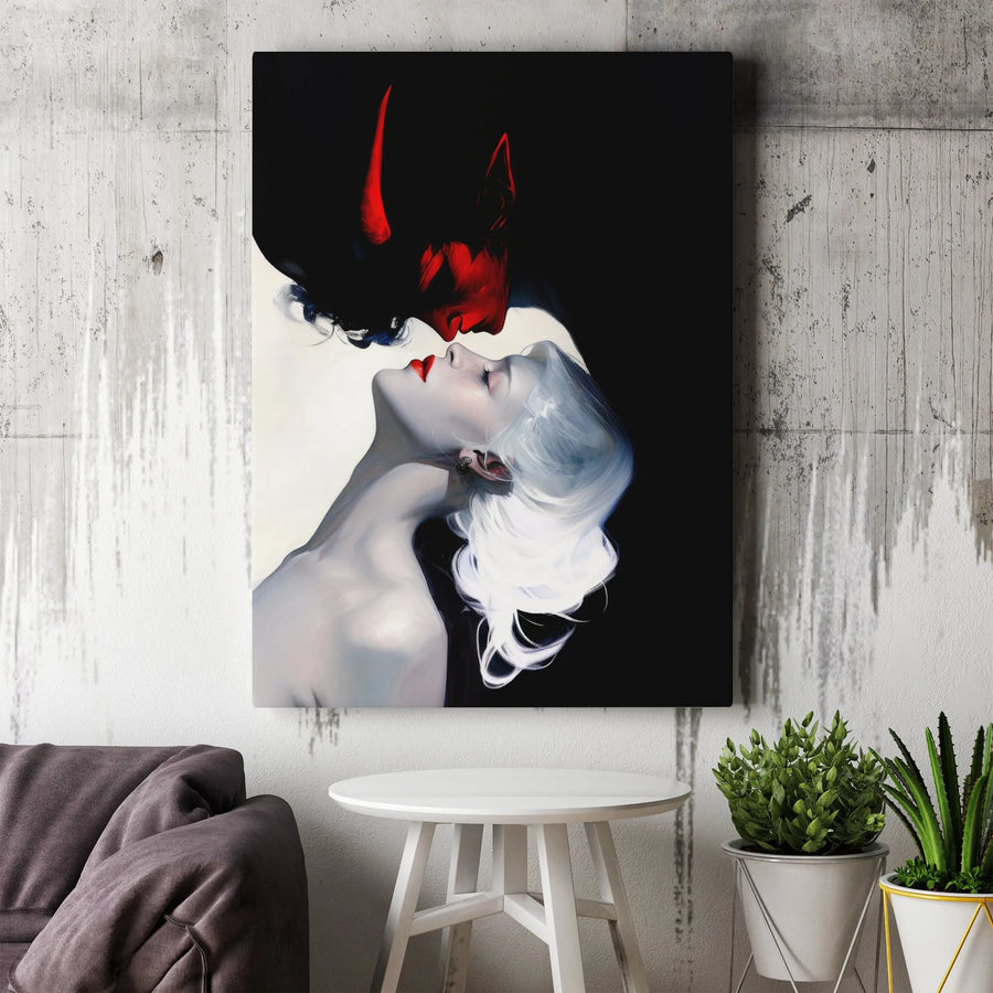 Gothic Demon and Woman Canvas | Dark Fantasy Romantic Kiss Wall Art | Premium Fade-Resistant Print | Moody Aesthetic Home Decor