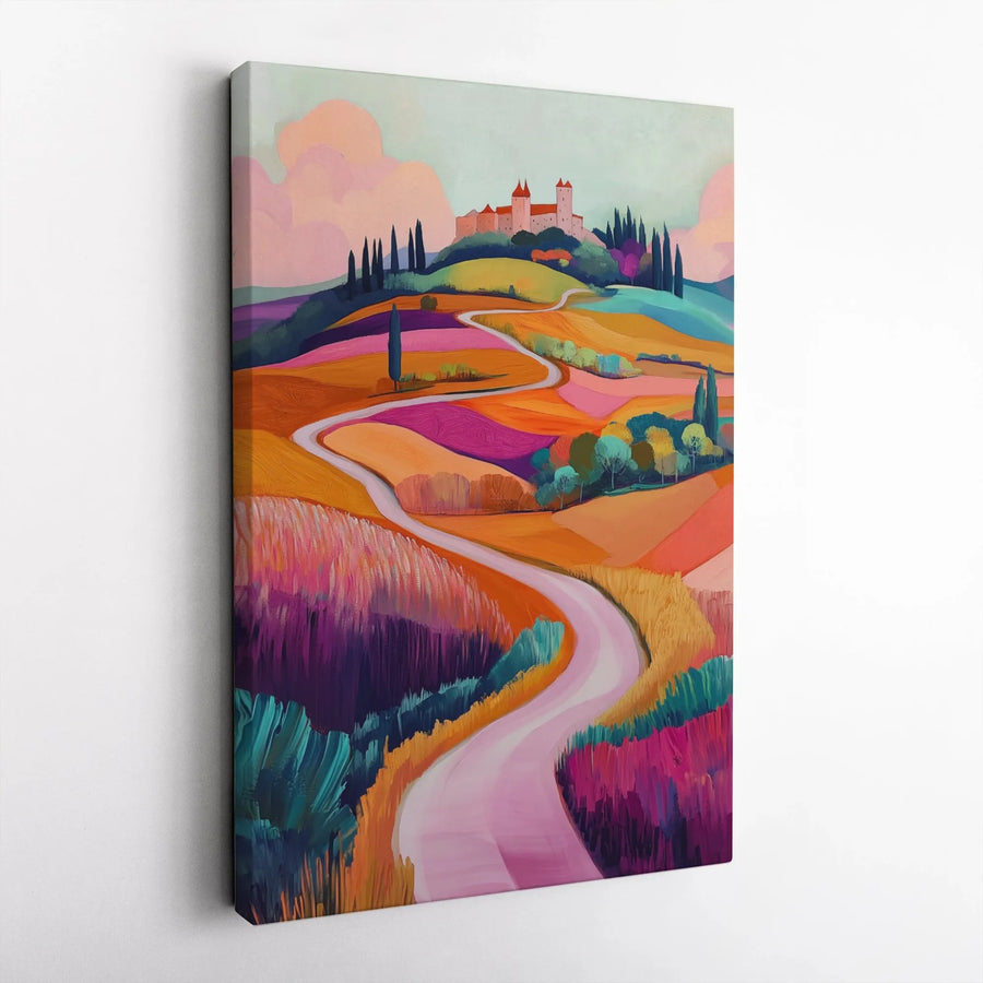 Tuscan Landscape Wall Art | Vibrant Winding Road & Hilltop Castle | Premium Gallery Canvas | Mediterranean Home Decor Gift