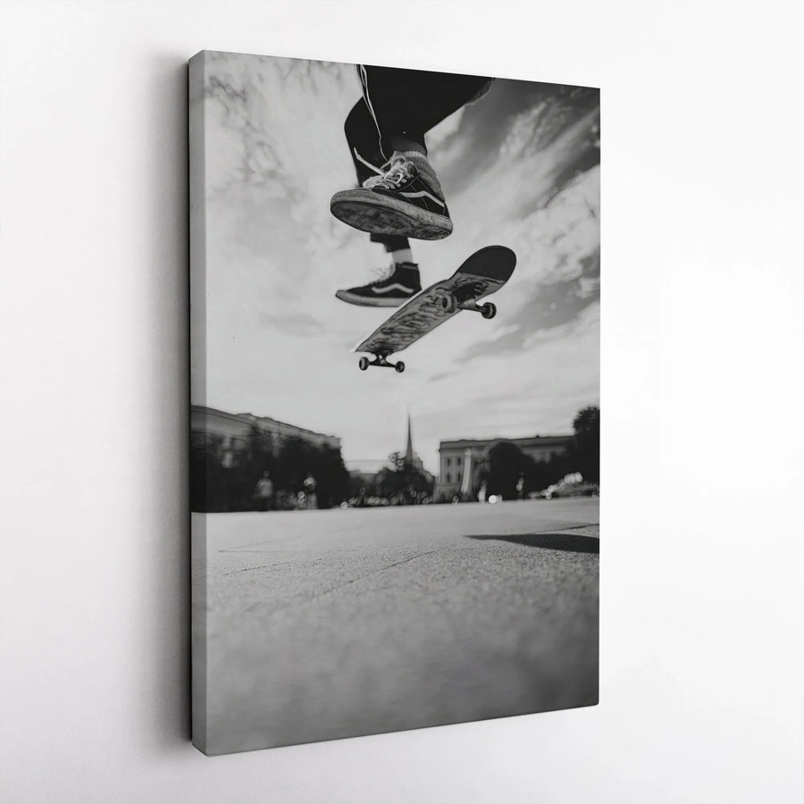 Skateboarder Wall Art Canvas | Black and White Action Jump Photography | 1.25 Inch Gallery Wrap Print | Modern Decor for Skater Bedroom or Office