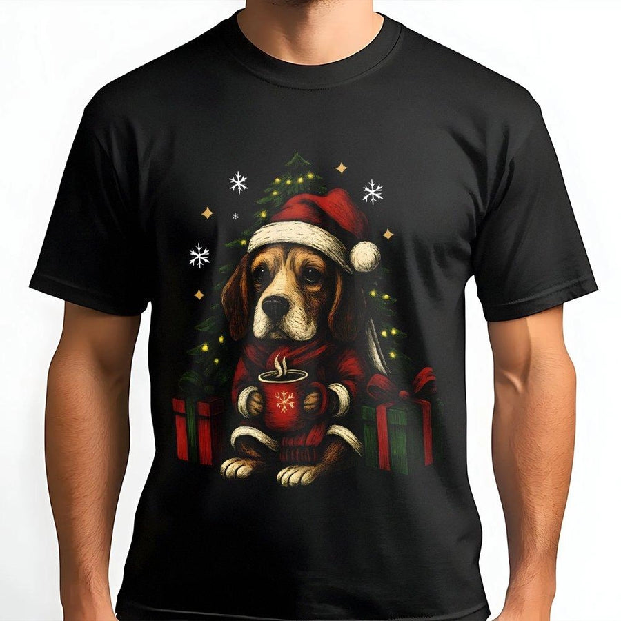 Beagle Christmas T-Shirt | Cute Puppy in Santa Hat Graphic | 100% Premium Cotton Tee | Holiday Gift for Dog Lovers