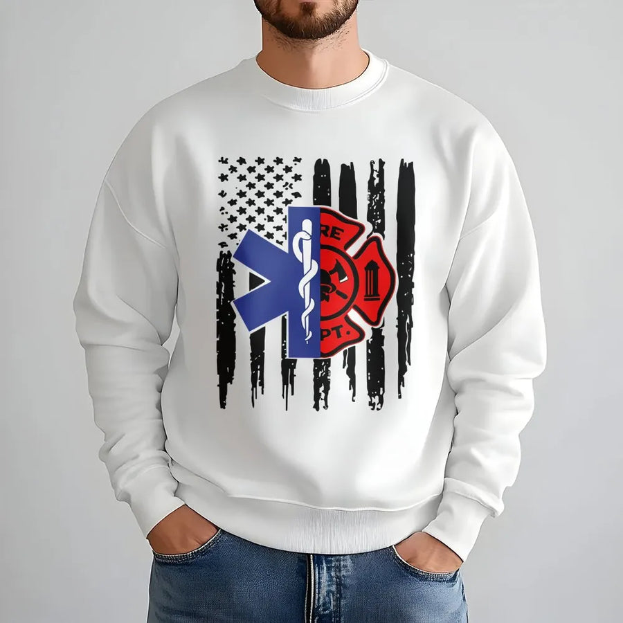 Firefighter EMT Sweatshirt | Distressed American Flag Maltese Cross Star of Life | Premium Cotton Blend | First Responder Hero Appreciation Gift