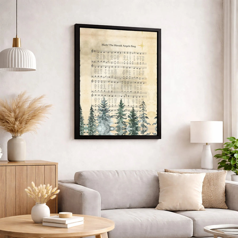 Hark The Herald Angels Sing Wall Art | Vintage Christmas Carol Sheet Music with Pine Trees | Premium Gallery Canvas | Religious Holiday Home Decor