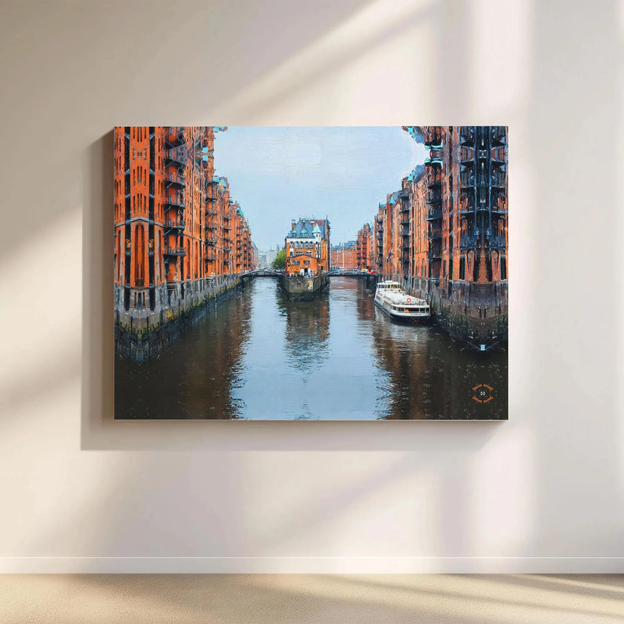 Hamburg Speicherstadt Canvas Wall Art | Painterly Cityscape Print | Premium 1.25" Thick Gallery Wrap | Germany Travel Souvenir Gift for Living Room