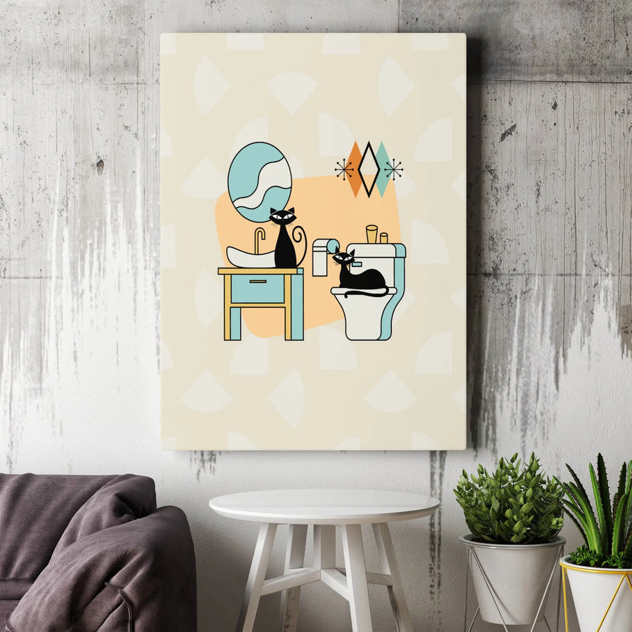 Mid-Century Modern Cat Bathroom Wall Art | Retro Black Cats Illustration | Premium 1.25-Inch Canvas Print | Whimsical Home Decor Gift