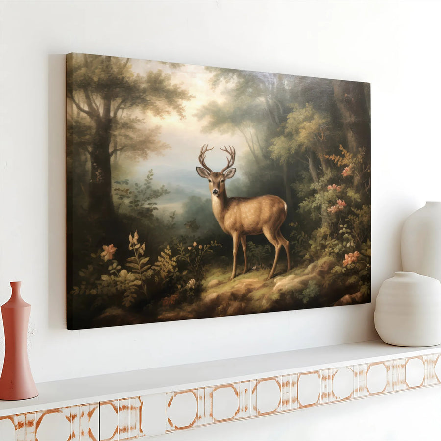 Vintage Deer Painting Canvas Wall Art | Rustic Woodland Animal Scene | Premium Gallery-Wrapped Print | Cabin & Lodge Decor Gift
