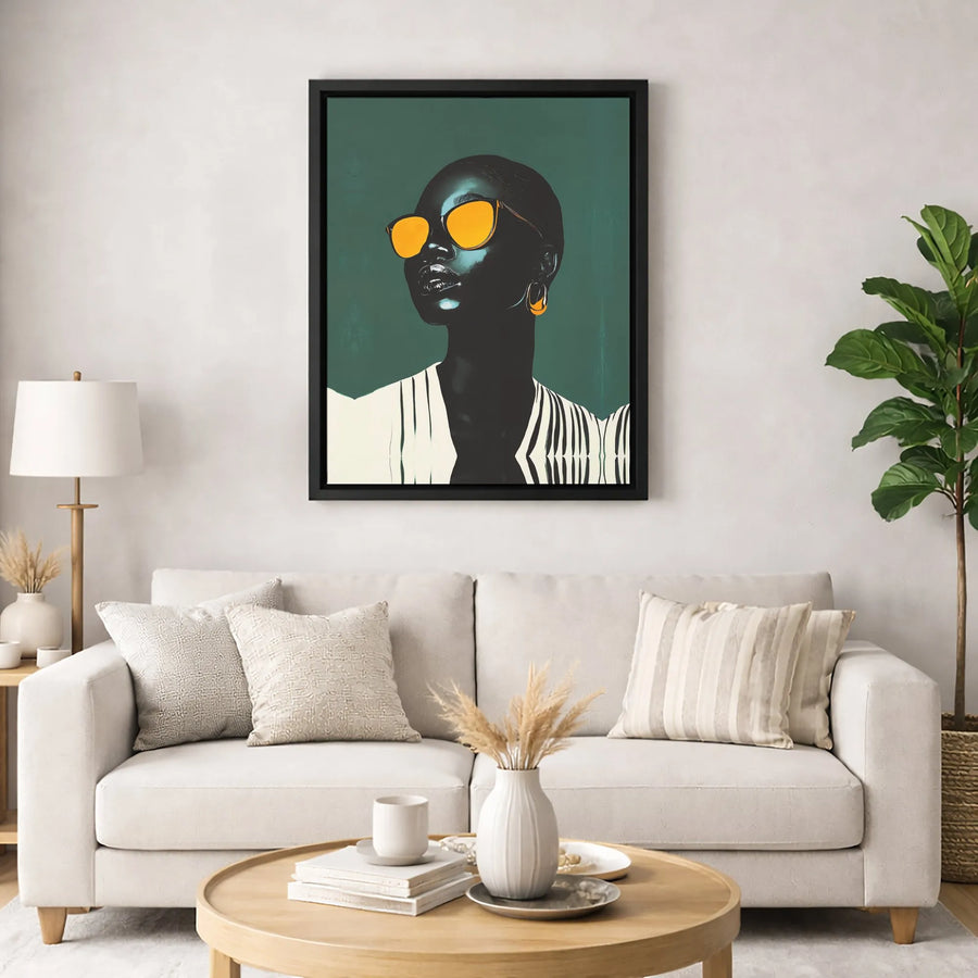 Black Woman Portrait Canvas Wall Art | Modern Fashion Illustration with Orange Sunglasses | Gallery-Quality Thick Profile | Stylish Home Decor Gift