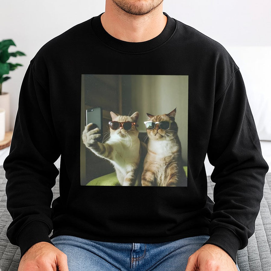 Cat Selfie Sweatshirt | Funny Retro Meme Graphic Design | Premium Cotton Blend Crewneck | Unisex Gift For Cat Lovers & Pet Owners