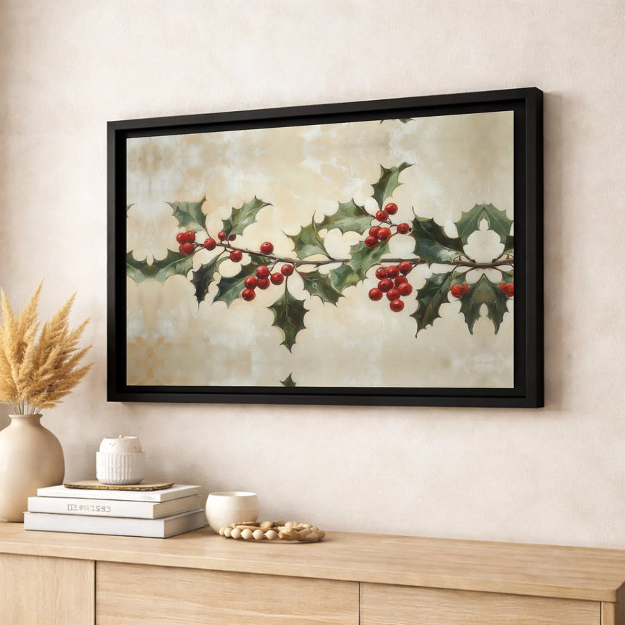 Christmas Holly Branch Canvas Art | Vintage Red Berry Botanical Wall Decor | Gallery Quality Premium Print | Festive Holiday Home Gift