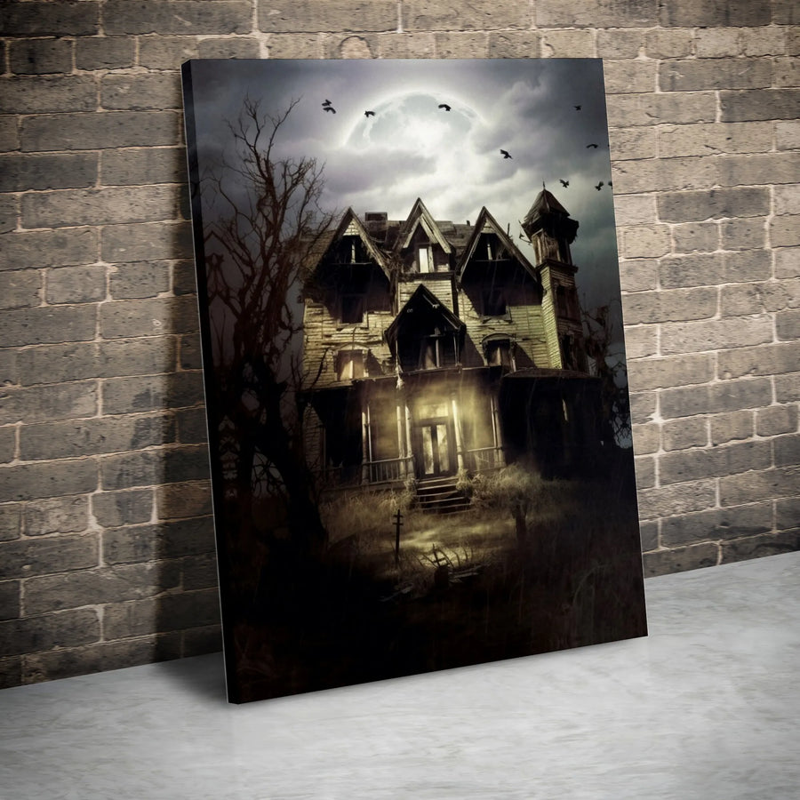 Haunted House Wall Art | Spooky Full Moon Gothic Landscape | Premium Gallery-Wrap Canvas | Halloween Home Decor Gift