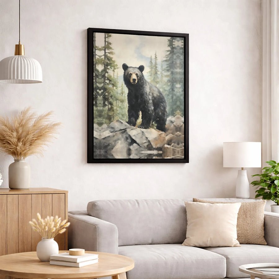 Black Bear Wall Art | Rustic Pine Forest Painting | Premium 1.25" Canvas | Wildlife Decor for Cabin or Home