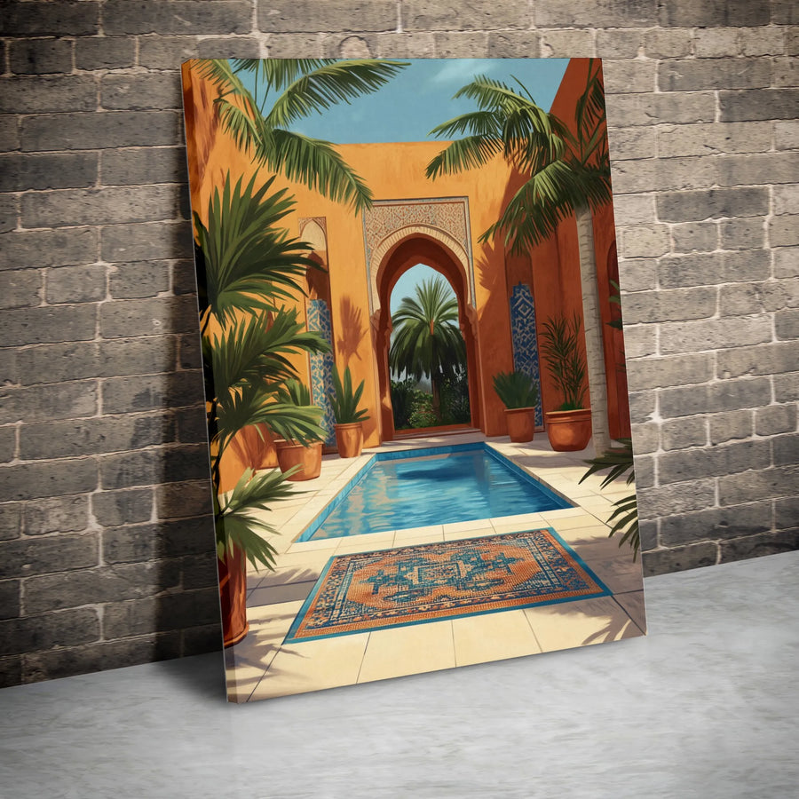 Moroccan Riad Canvas Print | Mediterranean Courtyard With Pool Art | Premium 1.25" Gallery Wrap | Boho Home Decor Gift For Travel Lovers