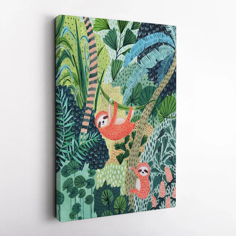 Sloth Wall Art | Whimsical Tropical Jungle Illustration | Premium Gallery Canvas | Nursery Decor or Living Room Gift