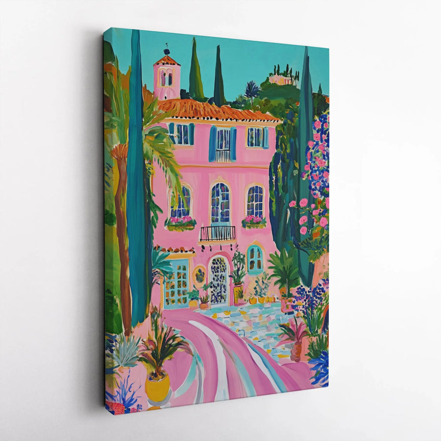Pink Italian Villa Canvas Print | Mediterranean Garden Wall Art | 1.25 Inch Gallery Wrap | Elegant Coastal Home Decor Gift