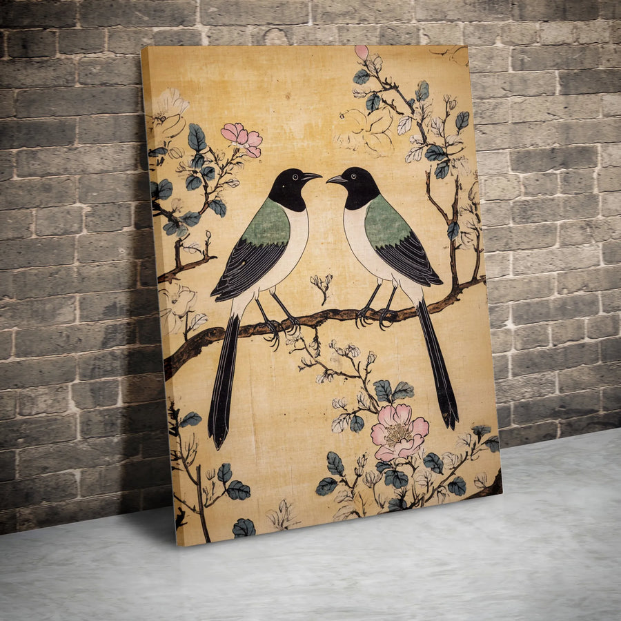 Japanese Bird Art Canvas Print | Vintage Magpies on Blooming Branch | Gallery Wrapped Premium Canvas | Asian Home Decor for Living Room