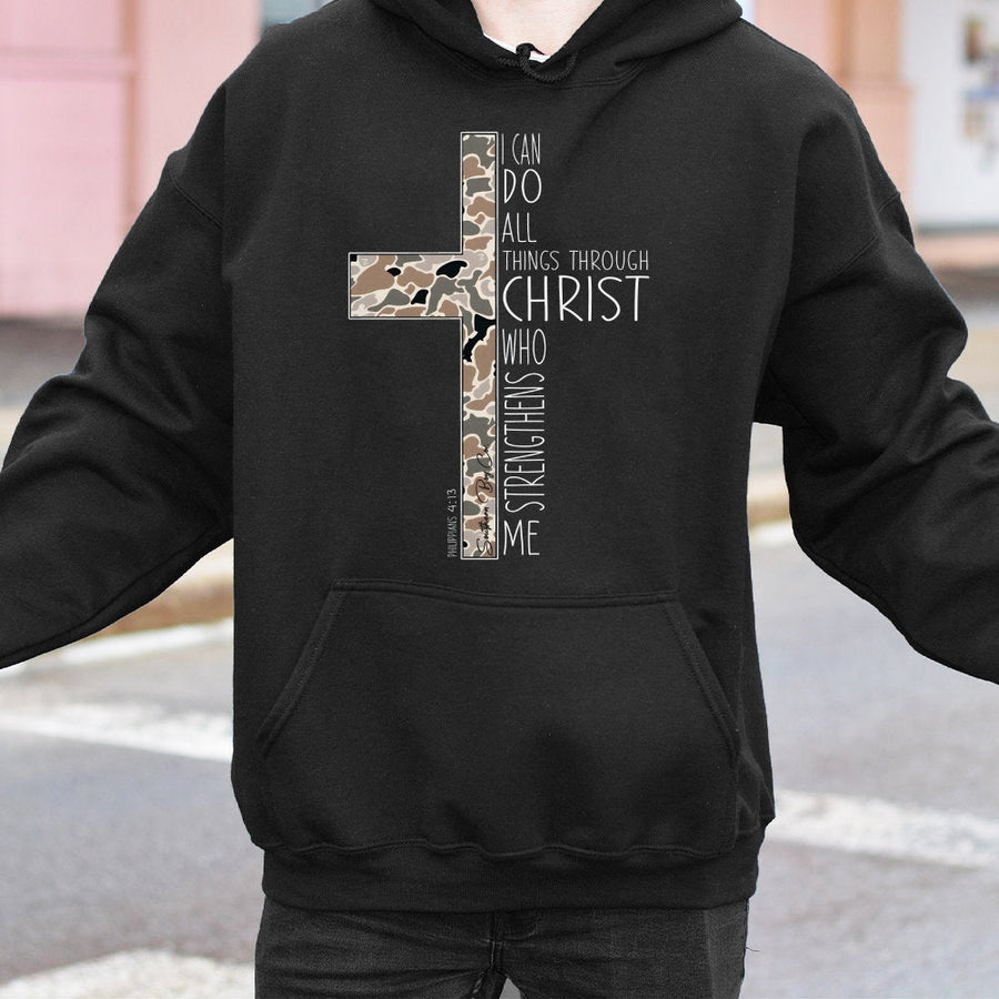 I Can Do All Things Through Christ Hoodie | Camo Cross Religious Graphic | Premium Cotton Blend | Faith-Based Inspirational Gift For Believers