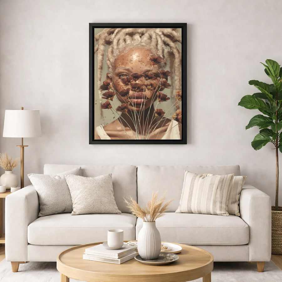 Black Woman Portrait Canvas Art | Blonde Dreadlocks Floral Illustration | 1.25" Gallery Wrap Premium Print | Modern Home Decor Gift