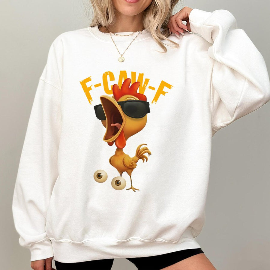 F-Caw-F Chicken Sweatshirt | Funny Screaming Rooster Meme with Sunglasses | Soft Cotton Blend Graphic Pullover | Sarcastic Humor Gift for Chicken Lovers