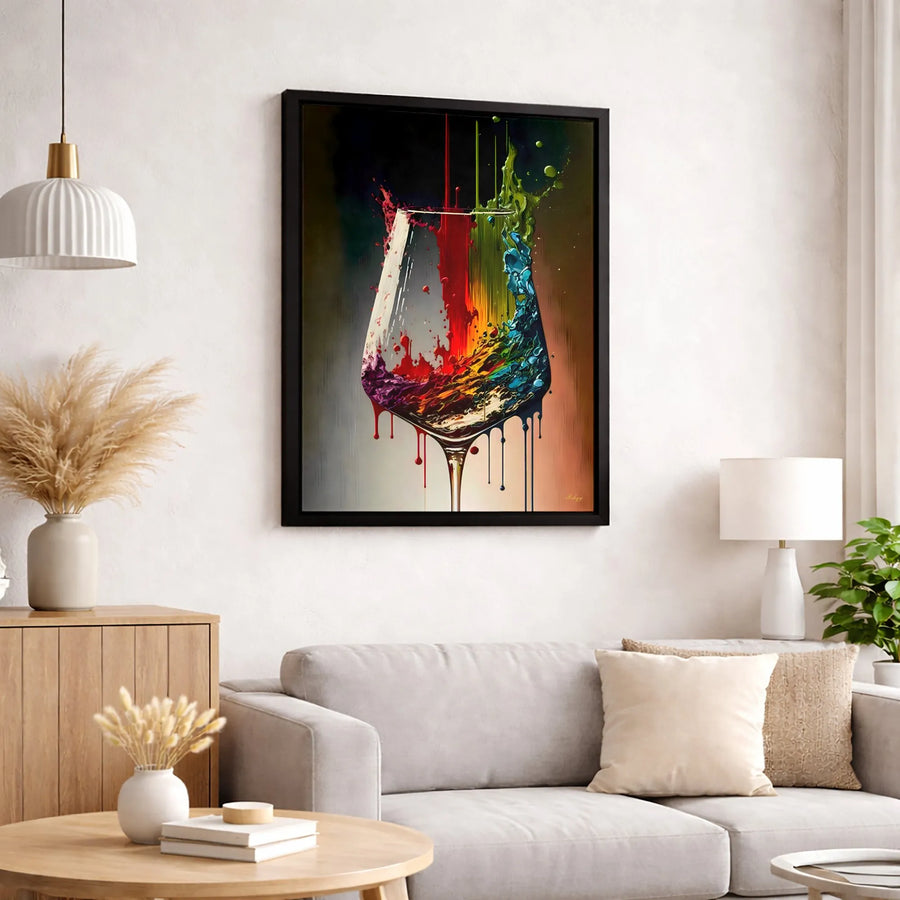 Abstract Wine Glass Canvas Print | Vibrant Paint Splash Art | Premium Gallery Wrapped Decor | Modern Kitchen & Bar Wall Art Gift