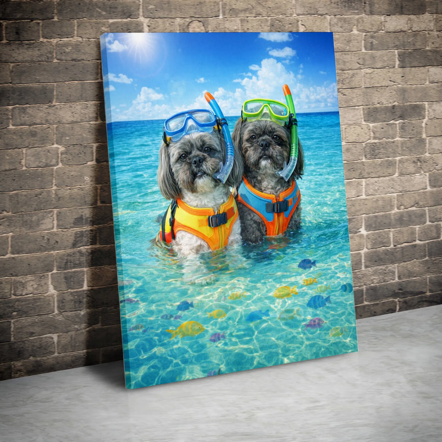 Funny Shih Tzu Canvas Wall Art | Snorkeling Dogs in Tropical Ocean | Premium Fade-Resistant Print | Unique Gift for Dog Lover & Beach House Decor