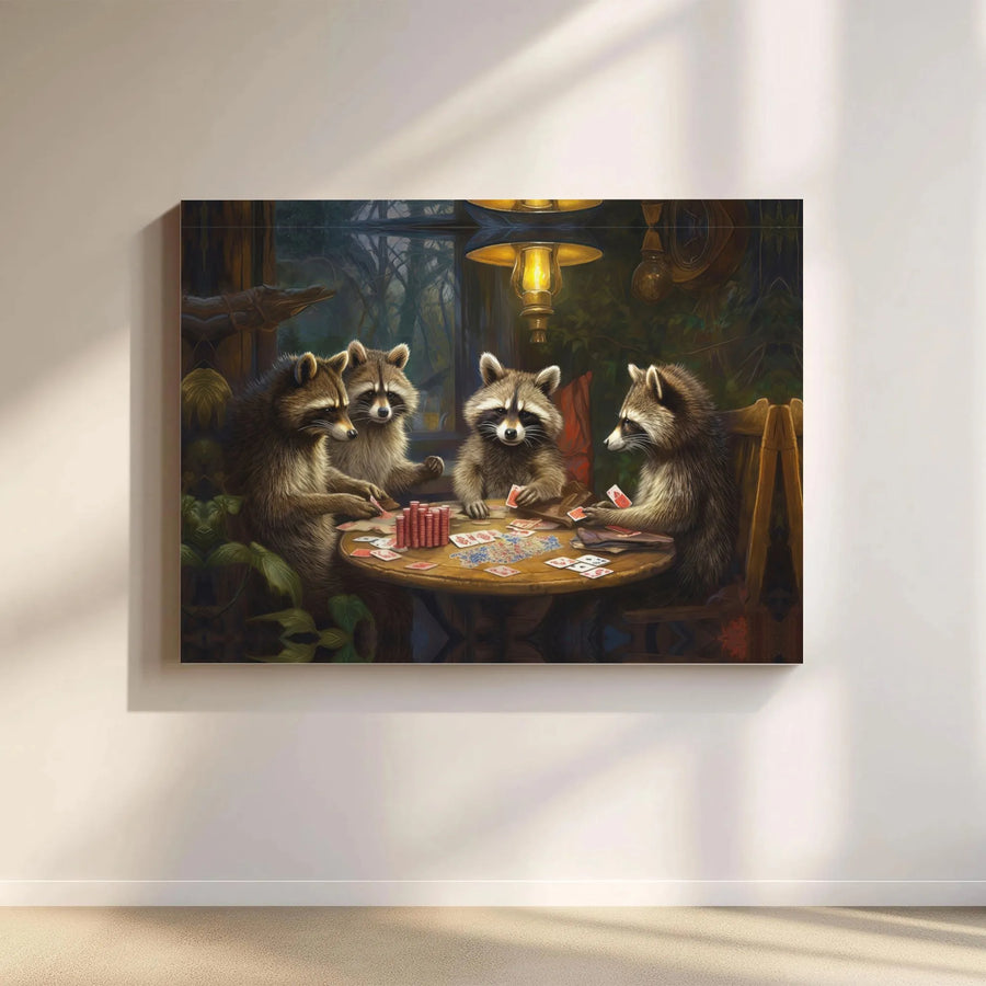 Raccoon Poker Canvas Print | Funny Wildlife Gambling Wall Art | Gallery Quality 1.25 Inch Wrap | Unique Home Decor Gift for Card Players