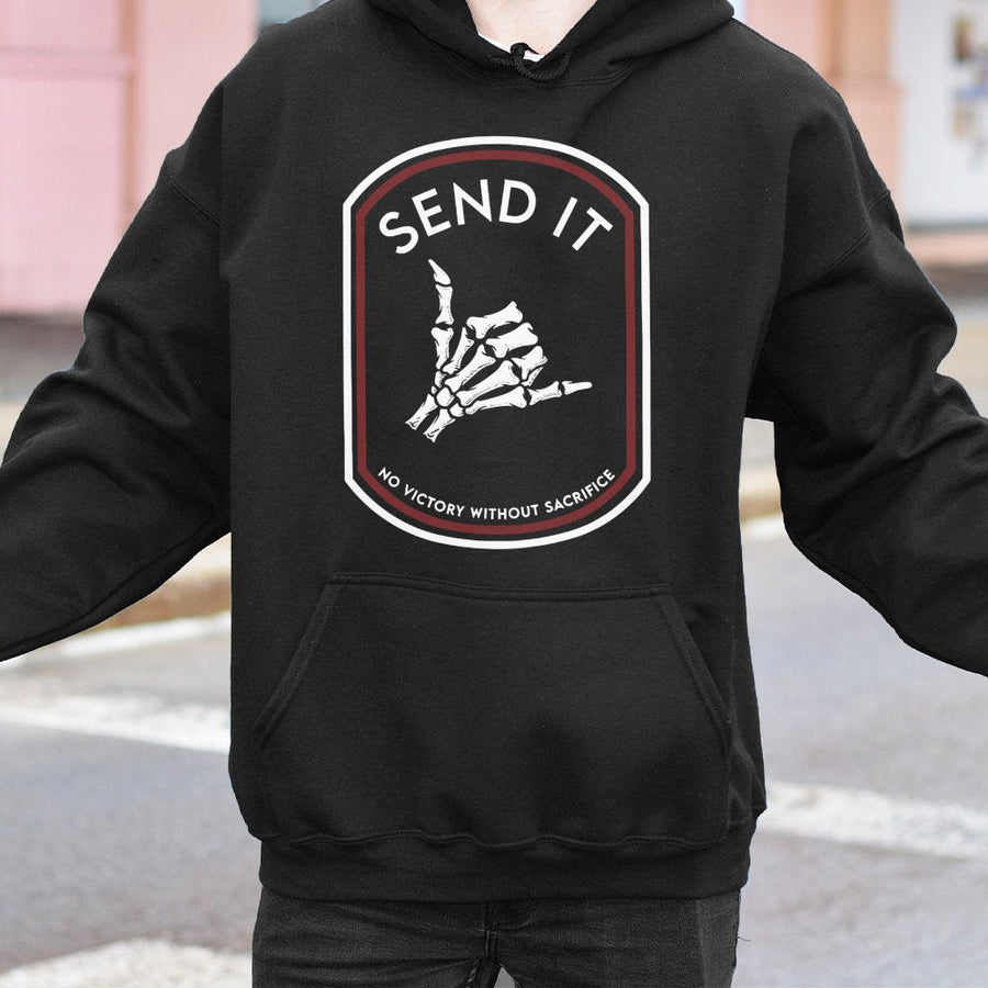 Send It Skeleton Hand Hoodie | No Victory Without Sacrifice Graphic | Premium Cotton Blend Unisex Sweatshirt | Tactical Streetwear Gift for Him or Her