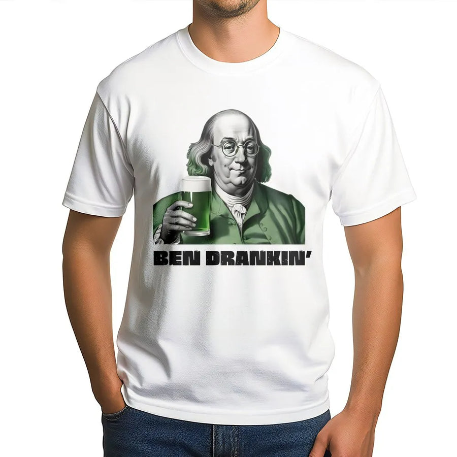 Ben Drankin' St. Patrick's Day T-Shirt | Funny Benjamin Franklin Beer Graphic | 100% Cotton Premium Tee | Unique Holiday Party Gift for Men