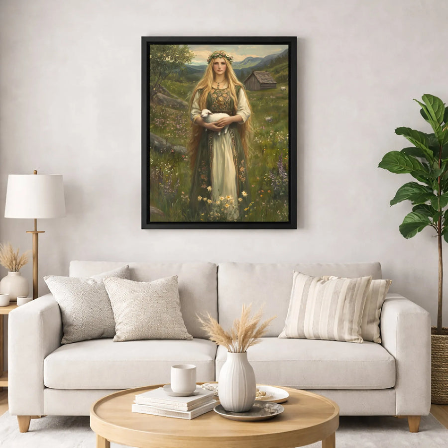 Cottagecore Maiden Canvas Print | Woman With Lamb in Meadow Wall Art | Premium Gallery-Wrapped 1.25" Profile | Aesthetic Pastoral Home Decor