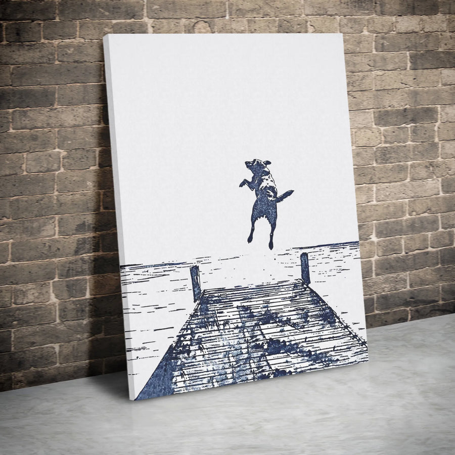 Dog Jumping Off Dock Wall Art | Minimalist Sketch Print | 1.25" Gallery Canvas | Pet Lover Gift Idea