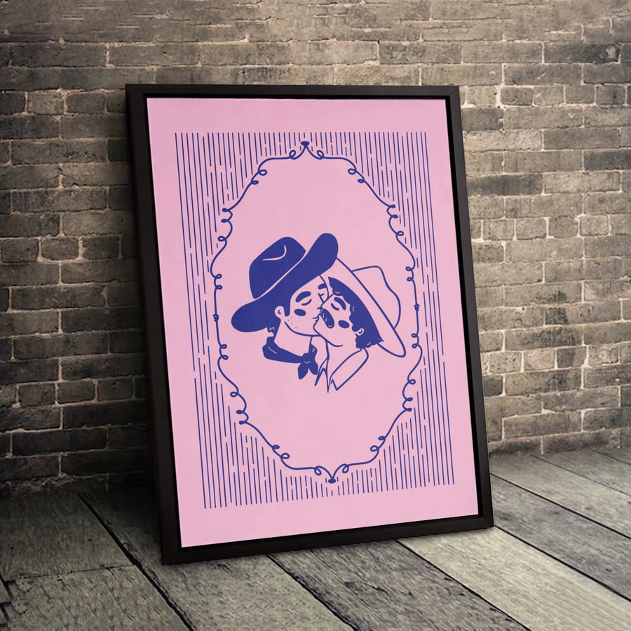 Kissing Cowboys Wall Art | Retro Western Romantic Illustration | Premium Gallery Canvas | LGBTQ Pride Home Decor Gift