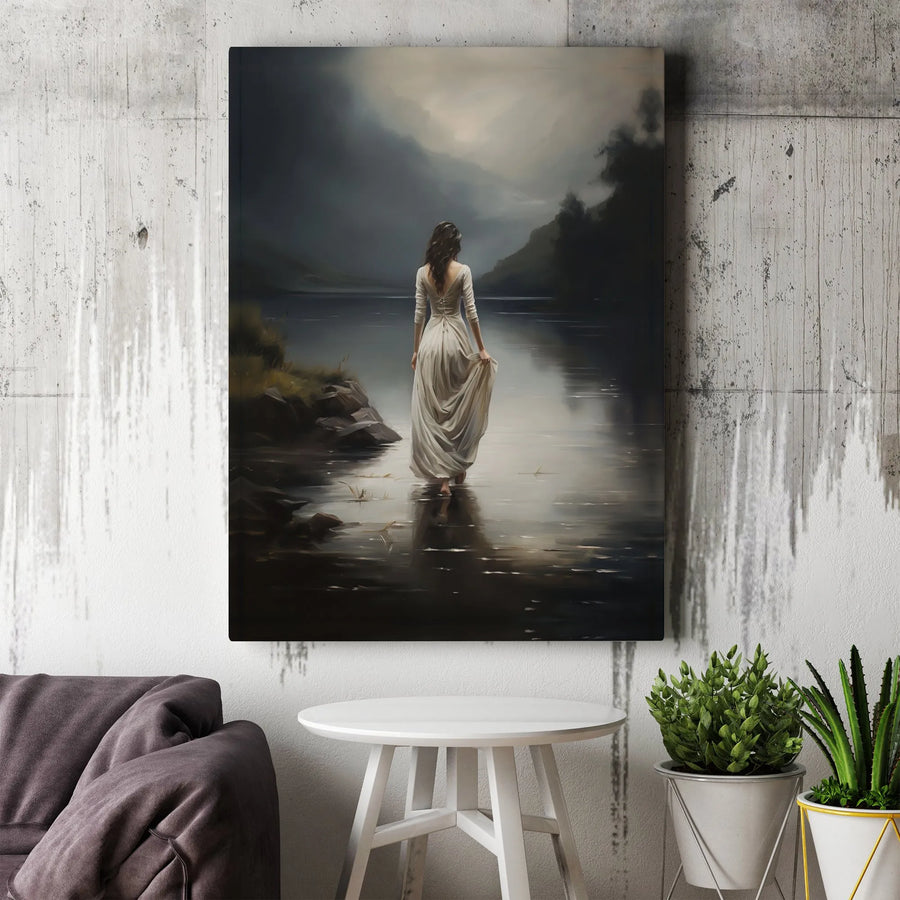Ethereal Woman in White Dress Canvas | Dark Misty Lake Landscape Wall Art | Gallery Wrapped Premium Canvas | Moody Atmospheric Home Decor