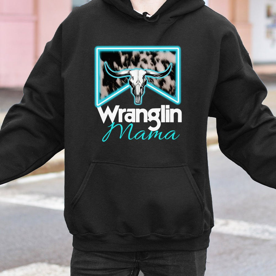 Wranglin' Mama Graphic Hoodie | Western Cowgirl Bull Skull Design | Premium Cotton-Poly Blend | Cute Country Mom Gift For Her