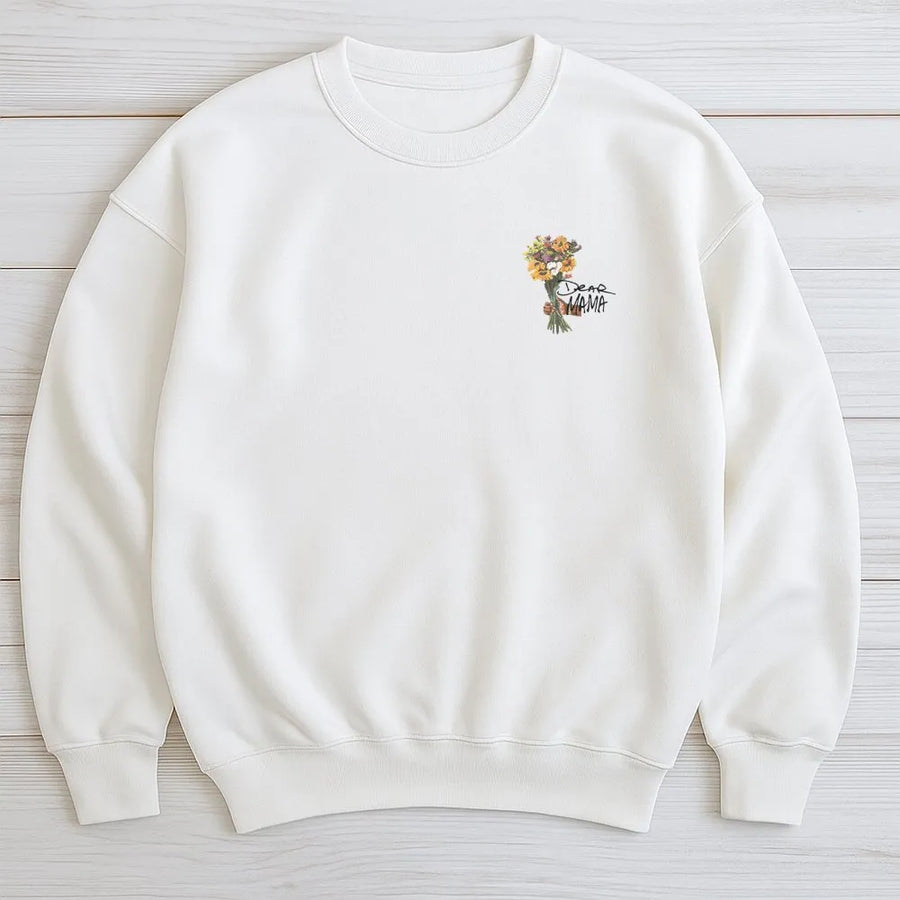 Dear Mama Sweatshirt | Wildflower Bouquet Chest Graphic | Cozy Cotton Blend Pullover | Unique Mother's Day Gift for New Mom