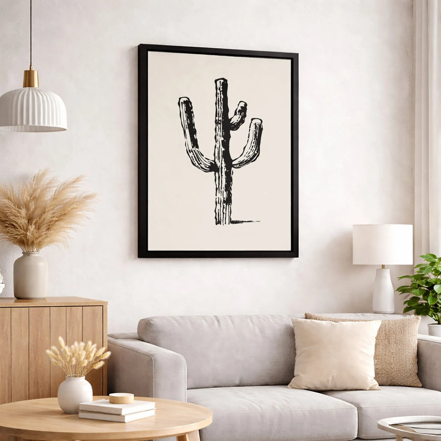 Saguaro Cactus Wall Art | Minimalist Black Ink Brush Stroke Print | Premium Gallery Wrap Canvas | Southwestern Desert Home Decor