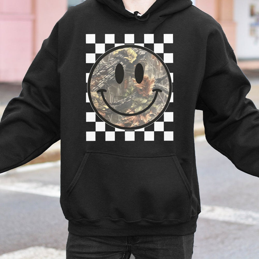 Camo Smiley Face Hoodie | Retro Checkerboard Print | Premium Cotton Blend | Unisex Streetwear Gift for Her