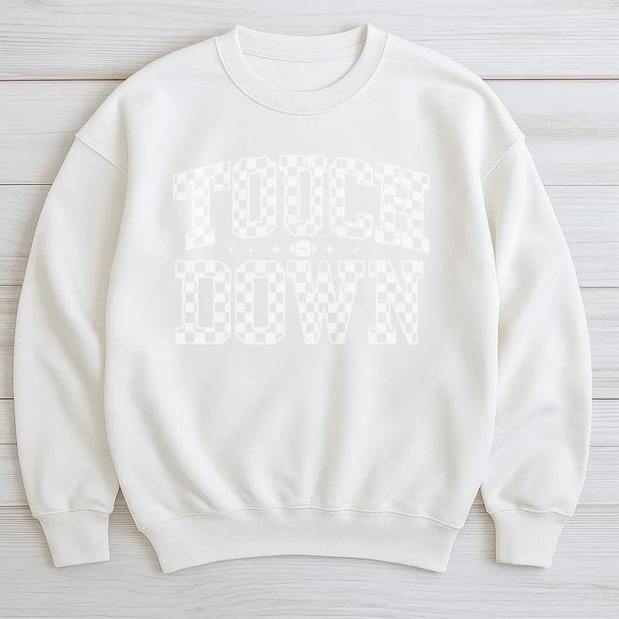 Touchdown Football Sweatshirt | Retro Checkerboard Varsity Font | Premium Cotton Blend Crewneck | Game Day Outfit Gift For Women